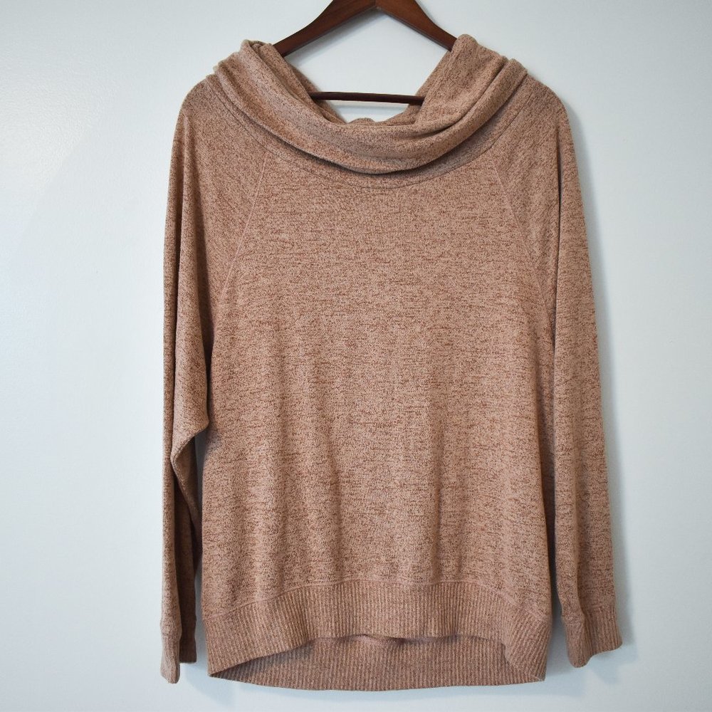 Express speckled burnt orange cowl turtleneck off the shoulder sweater